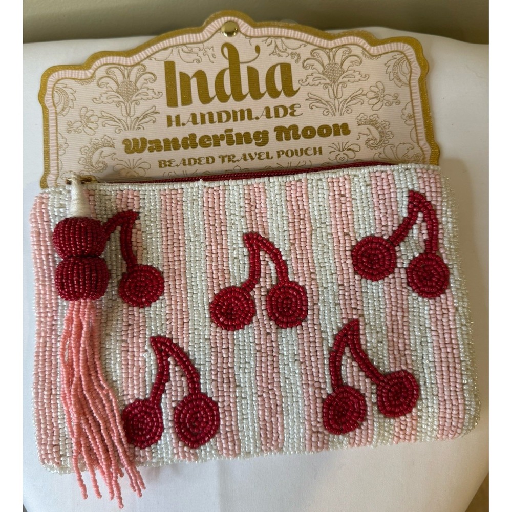 Handmade‎ In India Wandering Moon Beaded Pouch Red Bag Cherries Pink Nwt Purse